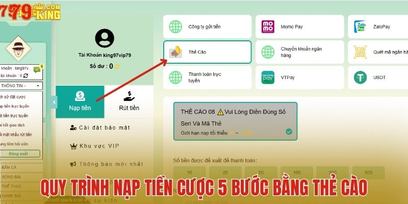 Quy trình nạp tiền cược 5 bước bằng thẻ cào